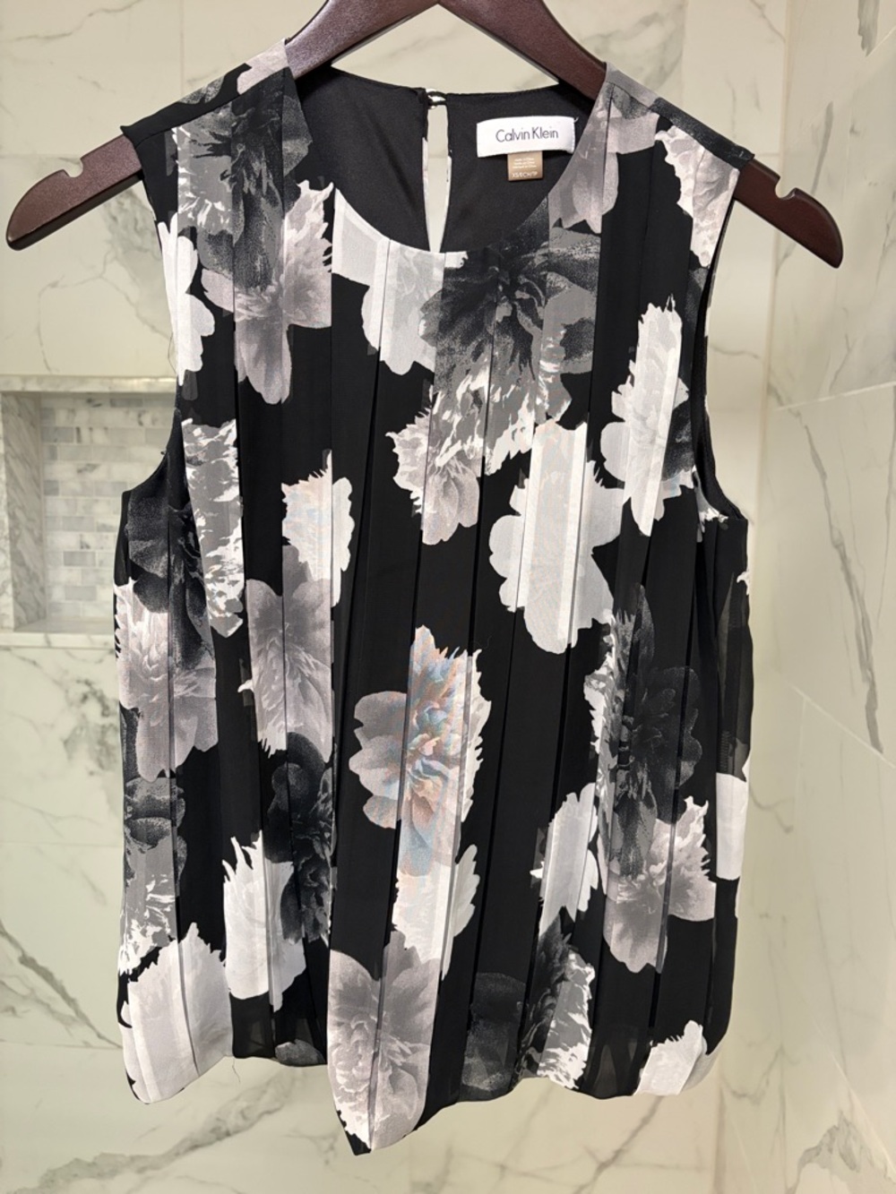 Calvin Klein Black White Floral Pleated Camisole